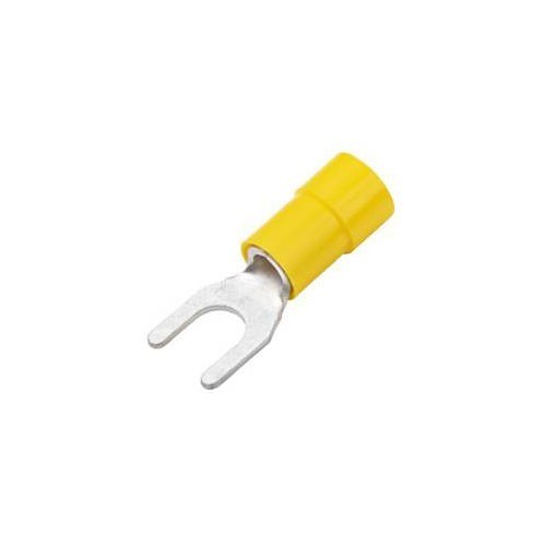 Spade Crimp Terminal, 12-10 AWG Conductor, Vinyl, Yellow, Funnel Entry, #6 Stud, Narrow Block Spade Tongue