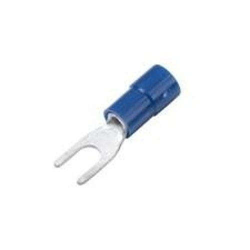 Spade Crimp Terminal, 16-14 AWG Conductor, Blue, Funnel Entry, #8 Stud, Spade Tongue
