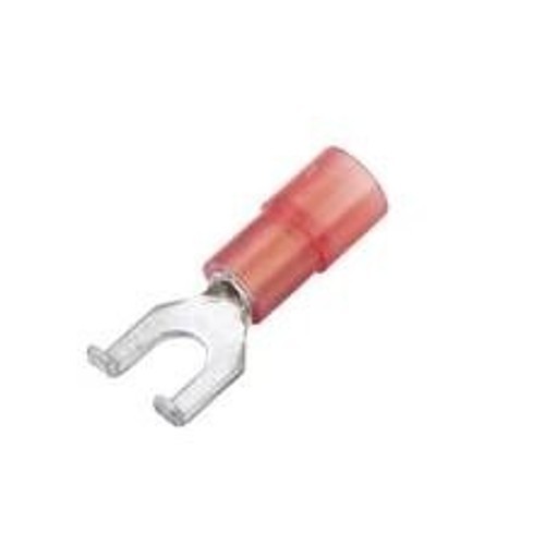 Spade Crimp Terminal, 22-18 AWG Conductor, Nylon, Red, #10 Stud, Flanged Spade Tongue