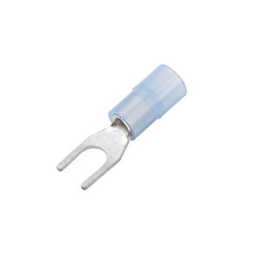 Spade Crimp Terminal, 16-14 AWG Conductor, Blue, #10 Stud, Narrow Block Spade Tongue, Clear