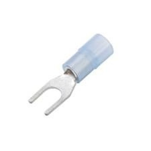 Spade Crimp Terminal, 16-14 AWG Conductor, Blue, Funnel Entry, #6 Stud, Narrow Block Spade Tongue, Clear