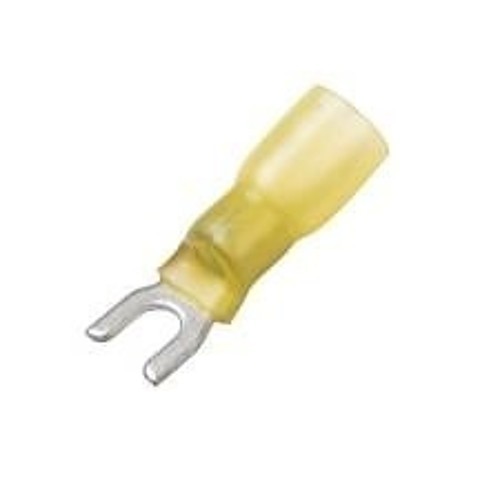 Spade Crimp Terminal, 12-10 AWG Conductor, Yellow, Adhesive Lined Shrink Tube, #8 Stud, Spade Tongue