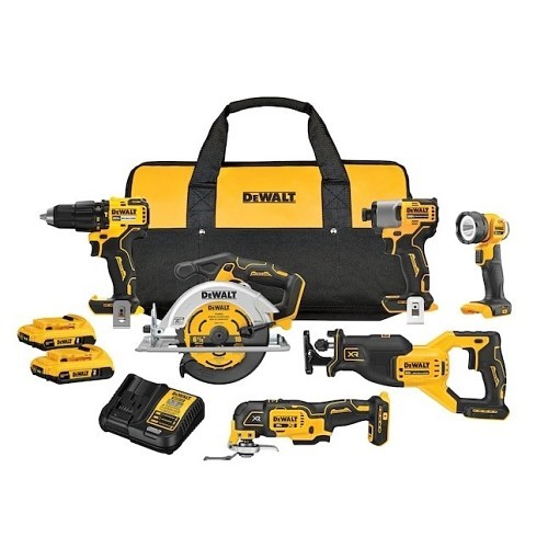 DeWALT® DCK628D2 20V MAX XR® Lithium-Ion Battery Brushless Power Tool Combo Kit, 2 Ah Battery, 1/2 hammer Drill, 1/4 Impact Drive, 6-1/2 Circular Saw, Reciprocating Saw, 3 Speed Oscillating Saw, Work Light, 2 Batteries, Soft Case