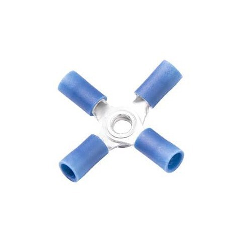 X-Butt Connector, Insulated 4-Way, 16 to 14 AWG Conductor, Vinyl Insulation, Blue, 1000 V, Specifications: Size: 8 Stud, 230 deg F