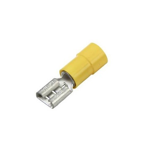 Push-On Terminal, Insulated Funnel Entry Male, 12 to 10 AWG Conductor, Vinyl Insulation, Yellow, 1000 V, Specifications: 0.25 in, 105 deg C deg C