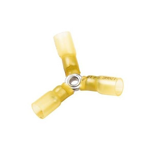 Y-Butt Connector, Heat Shrink, 12 to 10 AWG Conductor, Yellow, 1000 V, Specifications: Size: 8 Stud, 105 deg C deg C