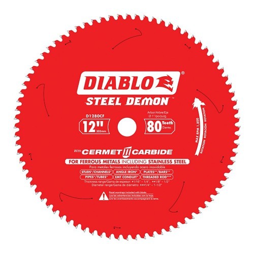 Freud®Diablo® D1280CF Steel Demon® Circular Saw Blade, 12 in Dia x 0.071 in THK, 1 in Arbor, Carbide Blade, 80 Teeth