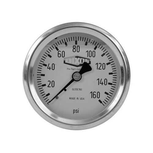 Dixon® GLSS100 Liquid Filled Gauge, 0 to 100 psi Gauge Range, 1/4 in NPT, +/-2 to 1 to 2% Accuracy, 304 Stainless Steel