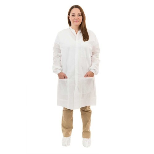 Lab Coat, Surged Seam, Female, 2X-Large, White, Spunbonded-Meltblown-Spunbonded, Snap Closure, 3 Pockets