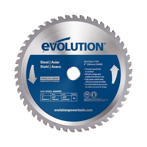 Evolution® 8BLADEMS Circular Saw Blade, 8 in Dia, 5/8 in Arbor, Tungsten Carbide Tipped, Mild Steel Blade, 50 Teeth