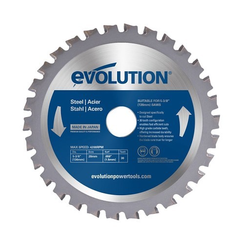 Evolution® 8BLADEST Circular Saw Blade, 5-3/8 in Dia, 25/32 in Arbor, Tungsten Carbide Tipped, Mild Steel And Ferrous Metal Blade, 30 Teeth