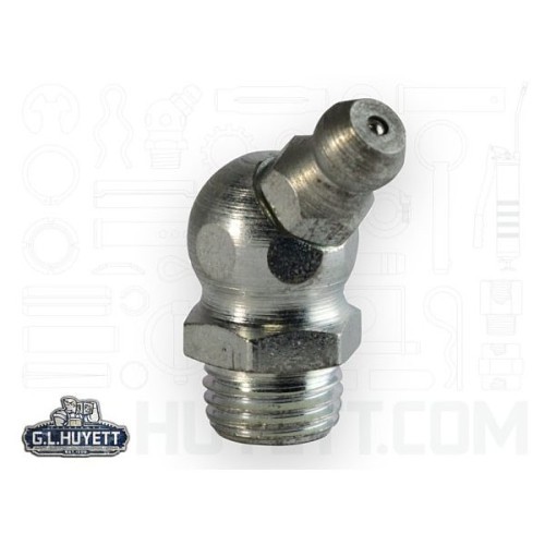 G.L.HUYETT™ H1709Z3 45 deg Heritage Fitting, 3/8-24, 0.98 in Overall Length, Zinc Clear Trivalent, Steel, 0.22 in Shank Length