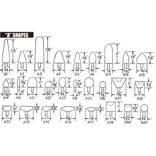 Modern Abrasive 00250 Mounted Point, GPA26O Point Shape Code, A26 Point Shape, 5/8 in Head Dia, 5/8 in Head Length, 1/4 in Shank Dia