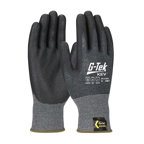 G-Tek® KEV™ 09-K1630/L Cut Resistant Gloves, Large, #9, Foam Nitrile Coating, Black/Gray, Seamless Style, DuPont™ Kevlar®/Nylon/Steel Fiber Lining, Elastic/Knit Wrist Cuff, 9.8 in Length, ANSI Cut-Resistance Level: A4