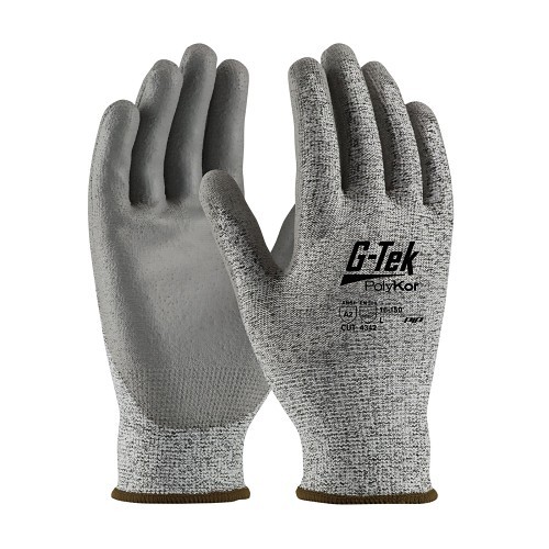 G-Tek® 16-150/L Cut Resistant Gloves, Unisex, Large, #9, Polyurethane Coating, PolyKor™, Gray/Pepper/Salt, Seamless Style, PolyKor™ Lining, Continuous Knit Wrist Cuff, 9.4 in Length, ANSI Cut-Resistance Level: A2