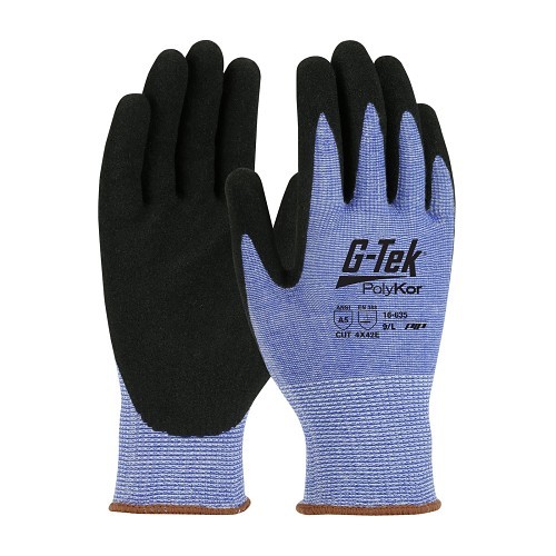G-Tek® PolyKor® 16-635/M Cut-Resistant Gloves, Micro Surface Grip, Medium, #8, Nitrile/PolyKor®, Black/Blue/Yellow, Seamless Knit Style, PolyKor® Blend Lining, Knit Wrist Cuff, 9.4 in Length, ANSI Cut-Resistance Level: A5
