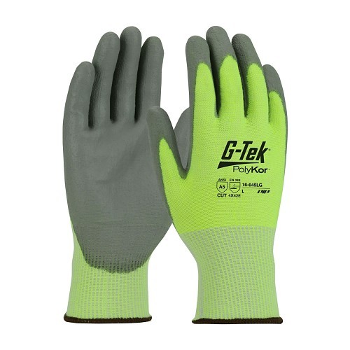 G-Tek® PolyKor® 16-645LG/L Cut-Resistant Gloves, Smooth Grip, Large, #9, Polyurethane/PolyKor®, Brown/Gray/Hi-Viz Yellow, Seamless Knit Style, PolyKor® Blend Lining, Knit Wrist Cuff, 10 in Length, ANSI Cut-Resistance Level: A5