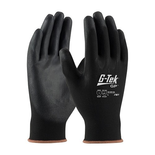 PIP G-Tek® GP™ 33-B125V/XS General Purpose Work Gloves, X-Small, #6, Black/Purple, Coated, Seamless Knit/Flat Smooth Grip Style, Nylon/Polyurethane, Knit Wrist Cuff, Polyurethane Coating, Resists: Abrasion, Cut, Puncture and Tear