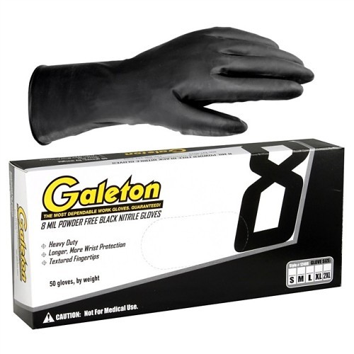 Galeton 12488L Disposable Gloves, Large, #9, Nitrile, Black, 11-3/4 in Length, 8 mil Thickness