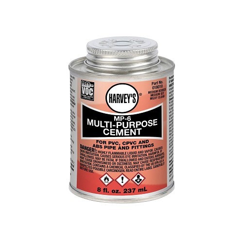 Harvey® 018010-24 MP-6 Low VOC Multi-Purpose PVC/CPVC Solvent Cement, 8 oz Container, Milky Clear, For Use With All Classes and Schedules of ABS, PVC, CPVC Pipe and Fittings Upto 6 in Dia with Interference Fit