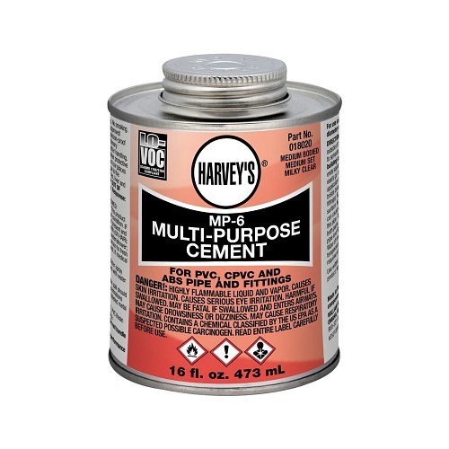 Harvey® 018020-12 MP-6 Low VOC Multi-Purpose PVC/CPVC Solvent Cement, 16 oz Container, Milky Clear, For Use With All Classes and Schedules of ABS, PVC, CPVC Pipe and Fittings Upto 6 in Dia with Interference Fit