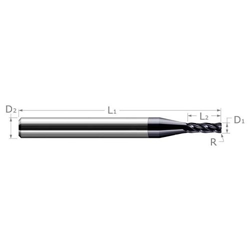 Harvey Tool 945105-C3 Center Cut Miniature End Mill, 0.3125 in Dia Cutter, 0.005 in Corner Radius, 1 in Length of Cut, (4) Flutes, 5/16 in Dia Shank, 2-1/2 in OAL, AlTiN