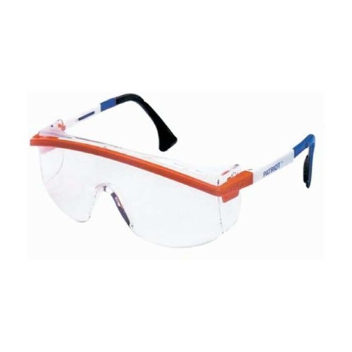 Honeywell Safety Uvex® by Honeywell S1169C Safety Glasses, Anti-Fog Lens Coating, Clear Lens, Full-Frame, Blue/Red/White Frame, Nylon Frame, Polycarbonate Lens, ANSI Z87.1-2003, CSA Z94.3, Military V0 Ballistic Test for Impact Specifications Met, Universal