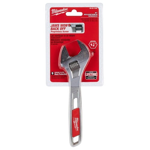 Milwaukee® 48-22-7408 Uninsulated Adjustable Wrench, 1-1/8 in, Polished Chrome, 8 in OAL, Steel Body, ASME Specified, Steel