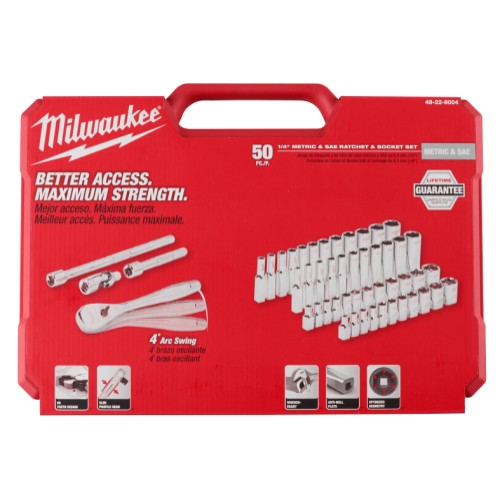 Milwaukee® 48-22-9004 Ratchet and Socket Set, Case Tool Storage, 4 deg Arc Swing, 1/4 in Drive, 50 Pieces, Steel