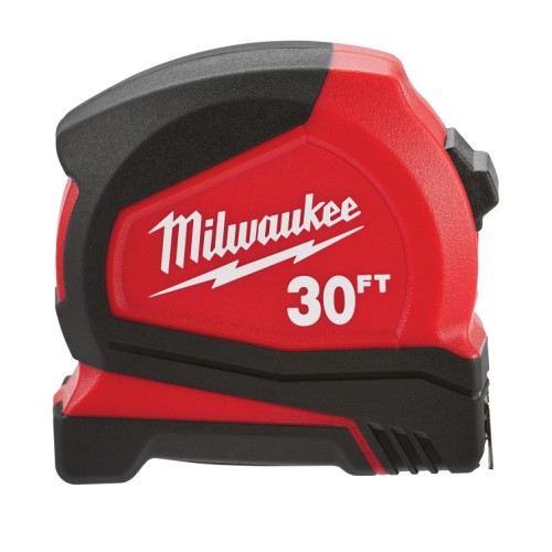 Milwaukee® 48-22-6630 Compact Measuring Tape With Belt Clip, 30 ft L x 25 mm W Blade, Steel Blade, 1/16 in, 1/8 in, 1/4 in, 1/2 in Graduation