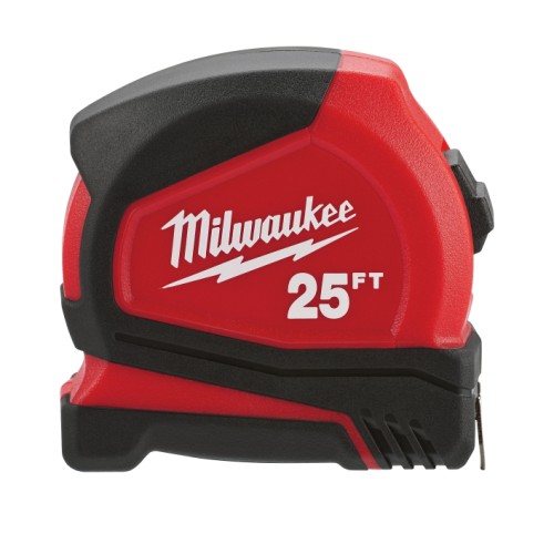 Milwaukee® 48-22-6625 Compact Measuring Tape With Belt Clip, 25 ft L x 25 mm W Blade, Steel Blade, 1/16 in, 1/8 in, 1/4 in, 1/2 in Graduation