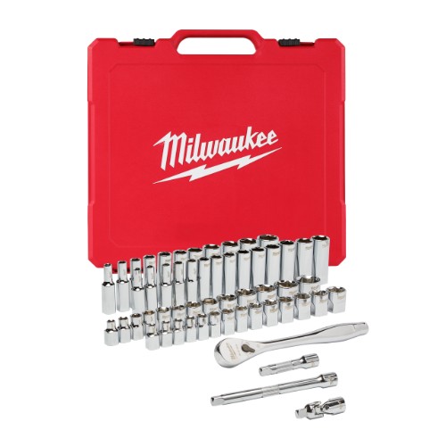 Milwaukee® 48-22-9008 Ratchet and Socket Set, Case Tool Storage, 4 deg Arc Swing, 1/2 in Drive, 56 Pieces, Steel