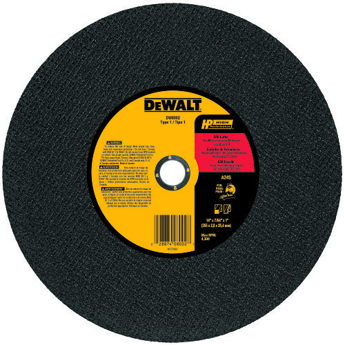 DeWALT® High Performance™ Guaranteed Tough® DW8002 Cut-Off Wheel, 14 in Dia x 7/64 in THK, 1 in Center Hole, 24 Grit, Aluminum Oxide Abrasive