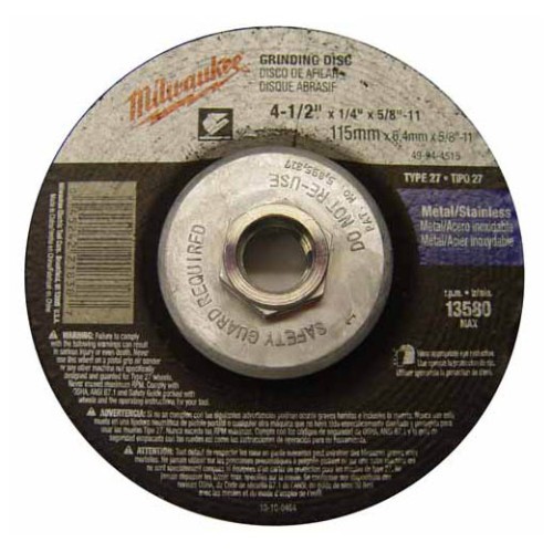 Milwaukee® 49-94-4515 Type 27 Reinforced Grinding Disc, 4-1/2 in Dia x 1/4 in THK, 5/8-11 Center Hole, 24 Grit, Aluminum Oxide Abrasive