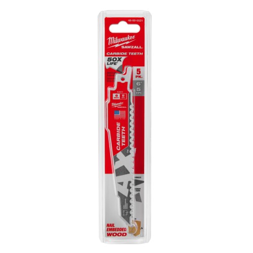 Milwaukee® SAWZALL® AX™ 48-00-5521 Reciprocating Saw Blade, 6 in L x 1 in W, 5 TPI, Carbide Body