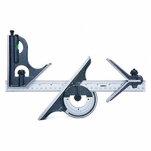 Insize 2278-180E Combination Square Set, 4 Piece, 12 in Blade Length, Steel Blade, Center, Protractor, Square