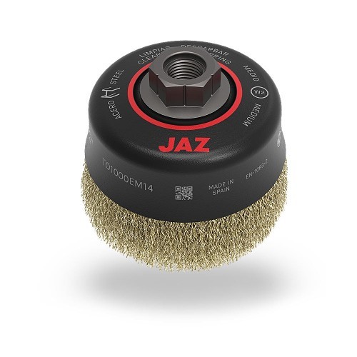 JAZ® 73030 Cup Brush, 3 in Brush Diameter, 5/8 in-11 Arbor Hole, 0.012 in Filament/Wire Diameter, Crimped Filament/Wire, Stainless Steel Fill