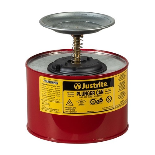 Justrite® 10208 Plunger Can, 2 qt, 24 ga Premium Coated Steel, Red, Brass Plunger, Dasher Plate Diameter: 5 in