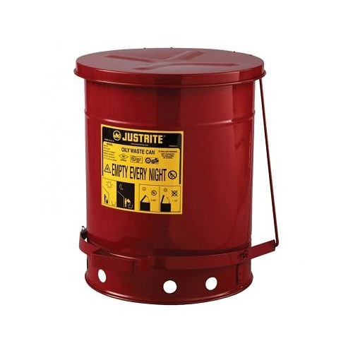 Justrite® 400-09300 Oily Waste Can, 10 gal, 13-15/16 in Dia, 18-1/4 in Height, Steel, Red