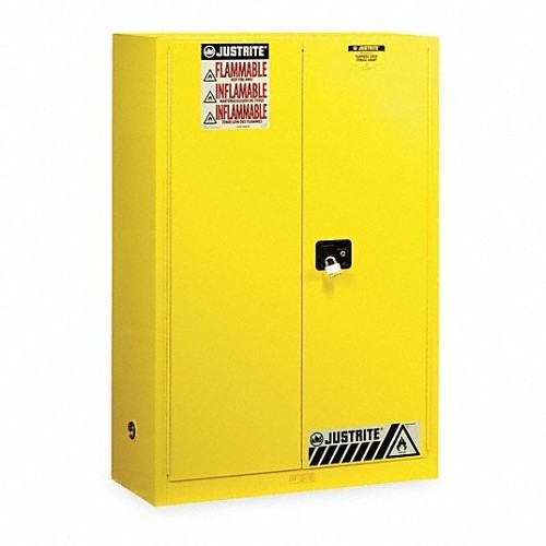 Justrite® 894500 Flammable Cabinet, 45 gal, Recessed Pull Handle Handle, 65 in Height, 43 in Width, 18 in Depth, Hinged Door, 2 Doors, 2 Shelves, Steel, Yellow