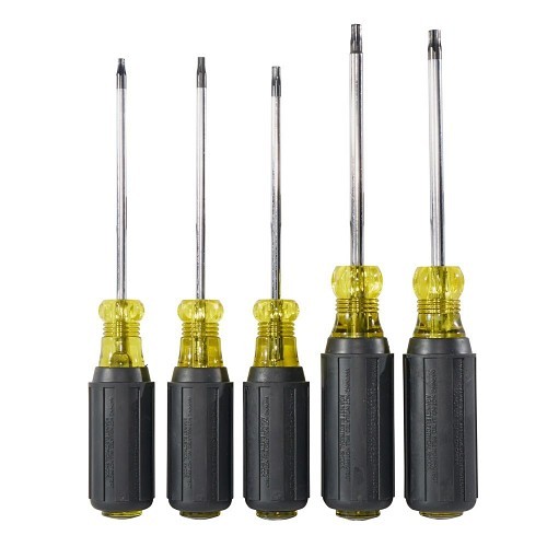 Klein® 19555 Screwdriver Set, SAE, 5 Piece, No ESD-Safe, No Insulated, No Magnetized Tip, T15, T20, T25, T27 and T30 Screwdriver Types Included, Alloy Steel, Chrome Plated