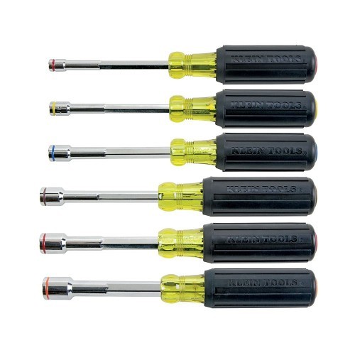 Klein® 635-6 Nut Driver Set, SAE, 1/4 to 9/16 in, 6 Piece, 9-1/8 to 9-11/16 in Overall Length, Cushion Grip