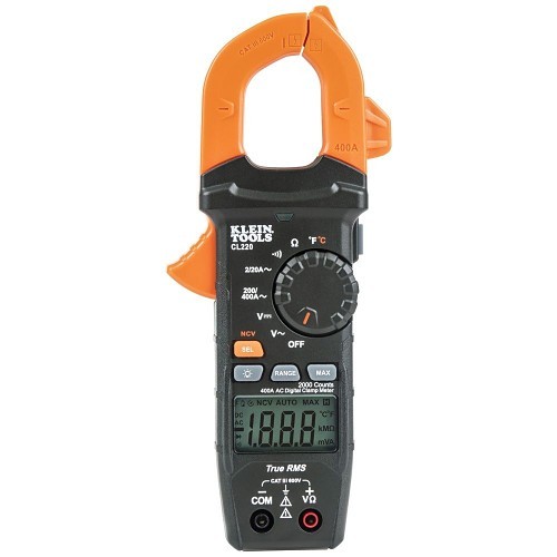 Klein® CL220 Digital Clamp Meter, 600 VAC/VDC, 400 A AC, 20 mOhm, 1.5 in Jaw, Backlit LCD