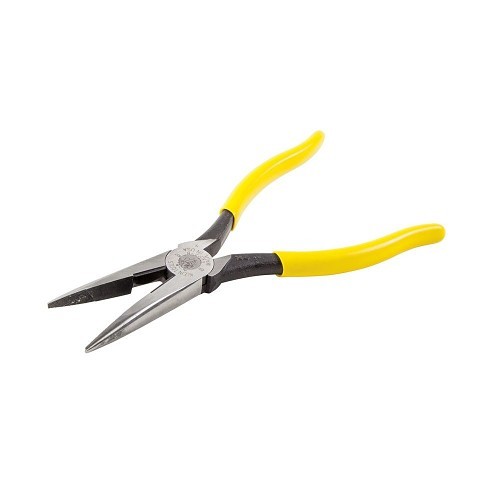 Klein® D203-8 Long Nose Plier, Smooth Jaw, 2-5/16 in Jaw Length, 1 in Jaw Width, Hardened Steel Jaw, 8-7/8 in Overall Length, 1/8 in Tip Width, Yes Cutter Included, No Non-Sparking, No Wire Stripper Included