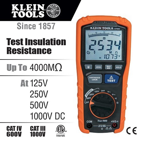 Klein® ET600 Insulation Resistance Tester, 125 V, 250 V, 500 V and 1000 VDC, 1000 VAC/VDC Earth, LCD, 6 x AA Batteries