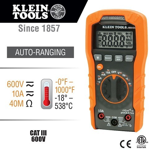 Klein® MM400 Digital Multimeter, 600 VAC/DC, 10 A AC/DC, 40 Mohm, 600 VAC/DC, 10 A, 40 MOhm, LCD