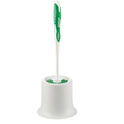 Libman® 34 Toilet Brush with Caddy, 5-1/2 in L x 3 in Dia Brush, 14 in L Polypropylene Handle, Polypropylene Molded Base, Staple-Set Fibers, Recycled PET, Green/White