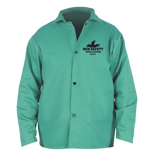 MCR Safety 39030L Welding Jacket, Large, Fabric Whipcord/L/F Cotton, Green, Resists: Flame, Spark, Splash, ASTM D 6413, NFPA-701