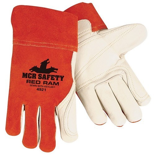 MCR Safety 4921L Welding Gloves, Large, #9, Leather, Beige/Russet, Fleece, Band Top Cuff, 10 in Length, 0.8 to 1.4 mm, Standard Finger/Wing Thumb
