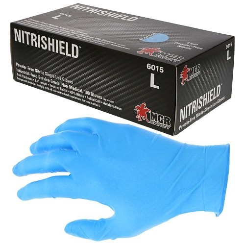 MCR Safety 6015S Disposable Gloves, Small, #7, Nitrile, Blue, 9.2 in Length, Powder Free, Textured Grip, 4 mil Thickness, Application Type: Food/Industrial/Premium Grade, Ambidextrous Hand, Nitrile Palm, Reversible
